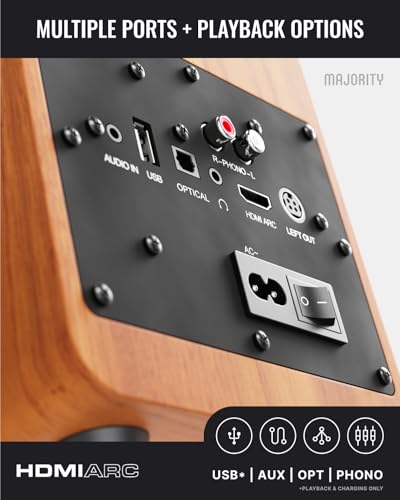 MAJORITY Bluetooth Active Bookshelf Speakers | Powered Stereo Speakers, USB Playback and Charging | HDMI ARC, Optical, Phono, Aux | Turntable Speakers | Extra Bass D70X Active Walnut - Image 6
