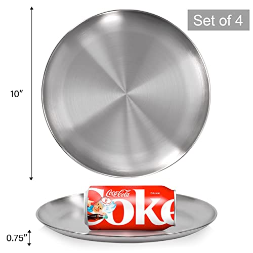 Sumerflos 304 (18/8) Stainless Steel Dinner Plates, 10" Round Salad Plates, Serving Plate For Home Kichten, Outdoor Camping, Snack, Pizza And Bbq - Set Of 4 #TOP2