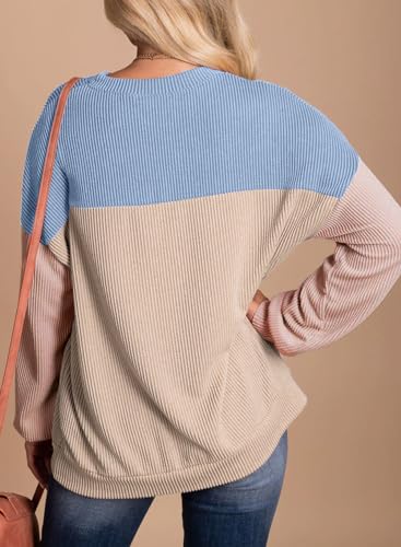 Image of Dokotoo Womens Tops Fashion 2026 Color Block Long Sleeve Shirts for Women Crewneck Knitted Casual Loose Blouses