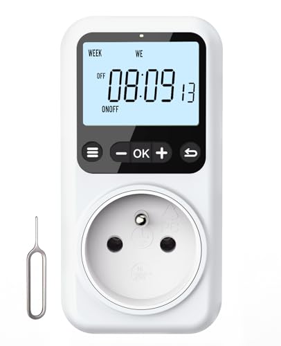 Voniobuy Programmateur Prise Électrique Digital, 18 Programmes à la Seconde, Écran LCD Rétroéclairé, Prise Programmable 16A 3680W pour Chauffe Eau Électrique,...