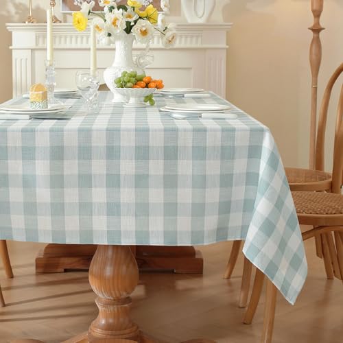 gillhov Checkered Tablecloth Rectangle Washable Buffalo Plaid Table Cloth Cotton Linen Gingham Table Cover for Picnic Kitchen Dining Room, Blue Green and White, 55 * 102