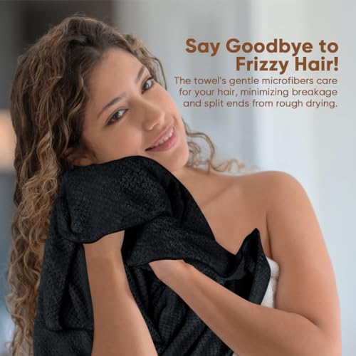 HOMEXCEL 5 Pack Large Microfiber Hair Towel Wrap for Women, Black- 40 x 20 inches Super Soft, Fast Drying Turbans for Long, Thick, Curly Hair - Anti Frizz Wrap with Elastic Strap - Image 4