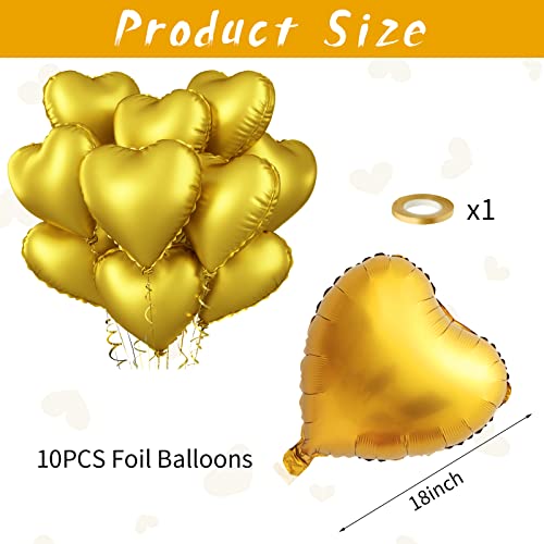 Image of Foil Heart Balloons Gold - 10PCS Heart Shaped, 18inch Metallic Love Foil Balloons for Helium, Golden Wedding, Valentine's Day, Birthday Party, Anniversary