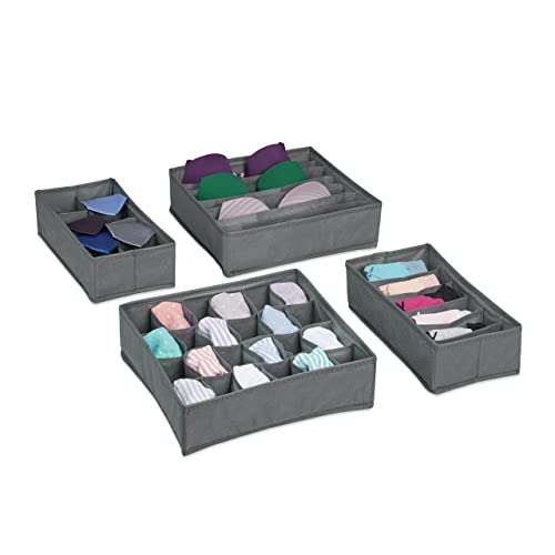 Relaxdays Underwear Set, 4-Piece Wardrobe Organisation, Drawer Dividers for Socks Bras and Ties Light Grey, Fleece, 9 x 32 x 32 cm