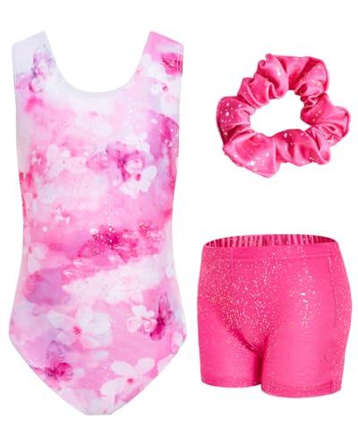 JiAmy Gymnastics Leotards for Girls with Shorts Set, 3Pcs Kids Gymnastics Athletic Outfit, Sleeveless Ballet Dancewear for Kids Pink Flowers 8-9 Years