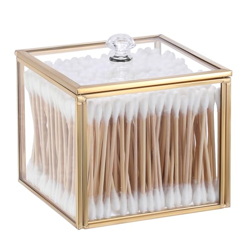 OGANAZI Glas Wattepad Spender Schmuckschatulle mit Glasdeckel Gold Wattestäbchenbehälter Wattepads Behälter Box Deko Aufbewahrungsbox für Badezimmer, Schlafzimmer, Büro Damen Geschenk 10,1x10,1x8,6 cm