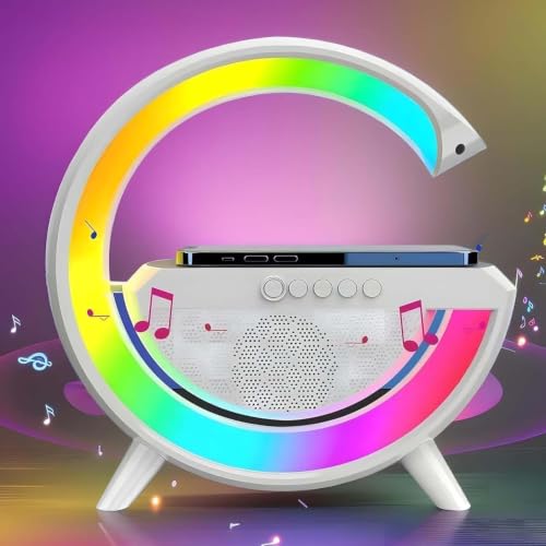 Image of G-Shape LED Wireless Charging Lamp with Bluetooth Speaker | 4 in 1 Multifunctional, RGB Atmosphere Light, Digital Alarm Clock, Dual Alarm Settings, Bedside Night Lamp