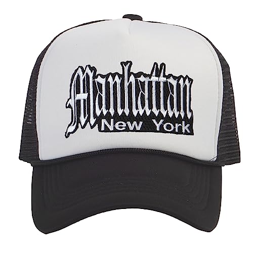 TOP HEADWEAR Old English Trucker Hat - City Snapback Cap, Black/White Manhattan