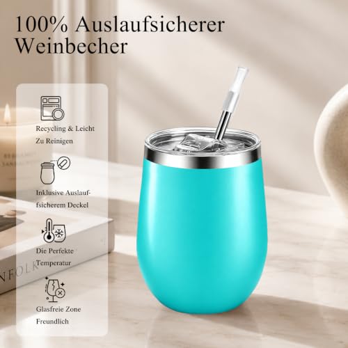 BeBeiZi Weinbecher Edelstahl, 350ml Stemless Weinbecher Mit Deckel Und Strohhalm, Vakuumisolierte Reisekaffeetasse für Cocktails, Coffee… – Ansicht 4