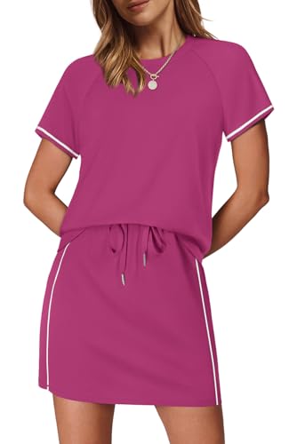 Sampeel Summer Sets Women 2 Piece Outfits Skirt Set Conjuntos De 2 Piezas para Mujer Two Piece Lounge Sets Travel Outfits Athletic Clothing Hotpink M