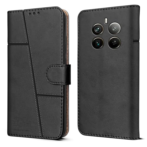 Image of Jkobi Flip Cover Case for Realme 12 Pro Plus | Realme 12 Pro (Stitched Leather with Magnetic Closure | Black)