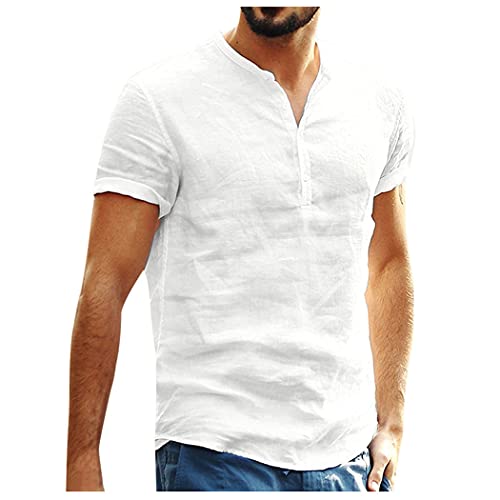 Chemise d'été décontractée ample pour homme manches courtes boutons lin blanche - 5