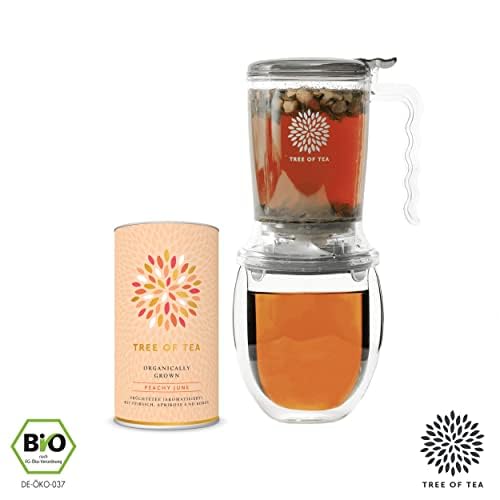 Tree of Tea Tea Maker Set mit Bio-Tee von mymuesli - Teekocher für losen Tee (450ml) mit Teeglas (400ml) & Peachy June Früchtetee (120g) - Geschenk Set mit Teefilter zum mehrfachen Aufbrühen von Tea
