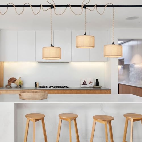 Image of 3 Light Plug in Pendant Lights Fabric Hanging Lamp Kit with Switch 22 Ft Long Hemp Rope Farmhouse Pndant Light Cord Lighting Fixture DIY Hanging Light