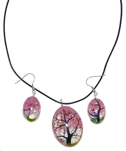 Preisvergleich Produktbild Ancient Wisdom Glasschmuck Set mit gepressten Blumen / Wundervolles Design / Mit Lederarmband / Naturmaterialen in Glas gefasst - Fuchsia