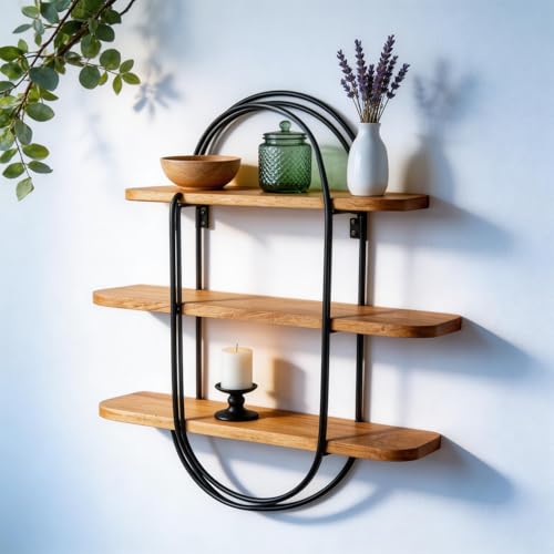 Image of PrettyKrafts 3-Tier Wood and Metal Storage Basket | Shelf Organizer | Multipurpose Storage Basket | Rustic Wooden Wall Storage Rack for Living Room, Bedroom & Kitchen | (55x58x13 cm)