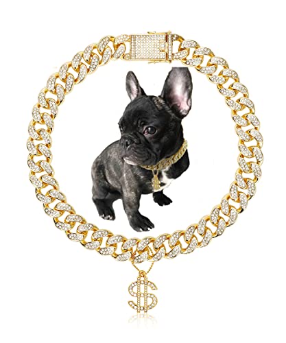 Glitter King Gold Dog Collar 20mm Big Dog Chain Zircon Cuban Link Chain Handmade Iced Out Diamond Exaggerated Dollar Pendant Full Cz Prong Set Heavy Pet Jewelry