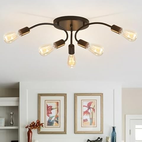 ABEAJAT Black Modern Sputnik Chandelier, 6-Lights Semi Flush Mount Ceiling Light Fixtures with E26 Base, Mid Century Industrial Vintage Metal Ceiling Lamp for Bedroom Dining Room Entryway (Black) Cover
