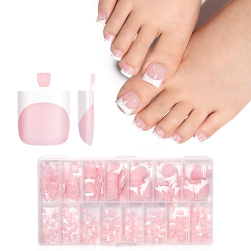 TOMICCA 240 Stück Falsche Fußnägel Tips Rosa Matt Französisch Vollständige Abdeckung Fußnägel Zum Aufkleben Set für Damen Frauen Nagelkunst DIY 15 Größen Kurz