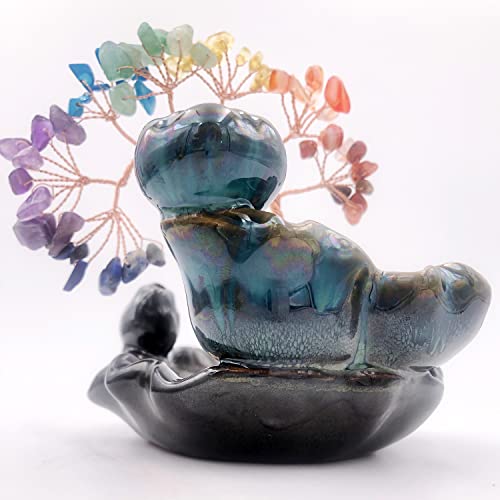 Incense Waterfall Burner With Healing Crystals Tree, Ceramic Lotus Fishes Backflow Incense Holder Set, With 30 Backflow Incense Cones, 50 Incense Sticks, Pad, Tweezers #TOP7