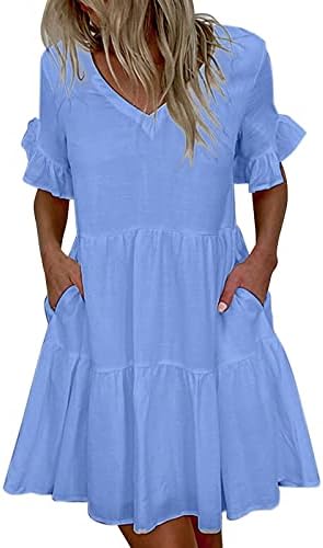 Asian Dress for Women Womens Dresses Summer Casual Knee Length Dress Relaxed Fit Short Sleeve Flowy Swing Sundress Business Dresses(Ar-Blue,X-Large)