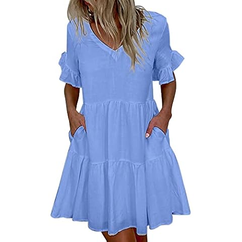 QWERTUR Women's Summer Mini Sleeve V-Neck Pleated Short Dress Fashion Skirt Women's Dress Women's Dress Blue Cover