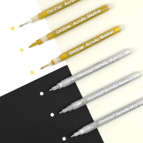 Image of Grabie Gold&Silver Acrylic Paint Marker Set, Extra Fine Tip, 6 Pieces, Gold Paint Markers, 0.7mm Acrylic Paint Pens for Black Paper, Halloween Pumpkin, Christmas, DIY, Silver Pen (Gold and