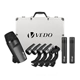 VEDO Kit de Microfone Dinâmico para Bateria 7 Peças com Cabo - Microfones para Bumbo, Tom/Caixa e Pratos - Conjunto Completo em Metal para Gravação Profissional e Performances ao Vivo com Alta