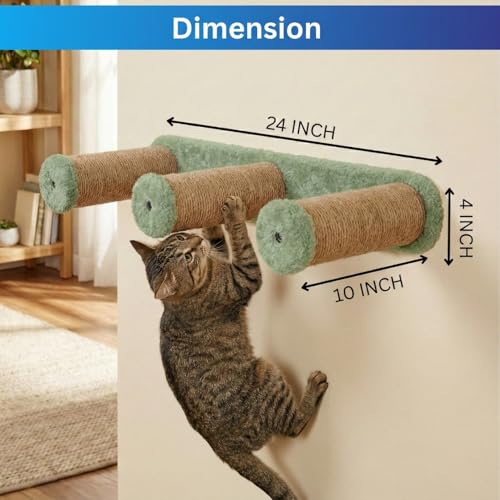 Image of Wall-Mounted Cat Scratching Post, Sisal Rope with Plush Mice Toys, Grey and Natural, Interactive Play (24X6 INCH) (FURR-157) (Green)