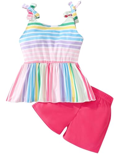 Image of Toddler Girls Clothes Summer Short Set Outfit Tie Knot Shoulder Sleeveless Ruffle Tops and Shorts 2PC Clothing Set