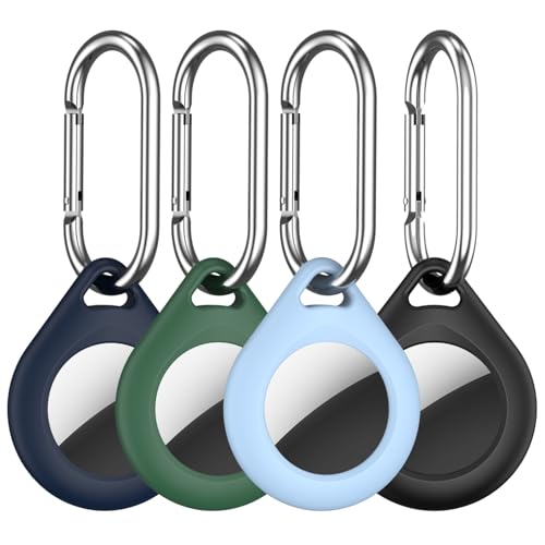 R-fun for Airtag Holder,4 Pack Airtags with Metal Keychain, Multi-Color Protective Silicone Airtag Case Key Ring for Luggage, Dog Collar, Keys, Anti-Scratch Protective - (Black,Blue,Sky Blue,Green)