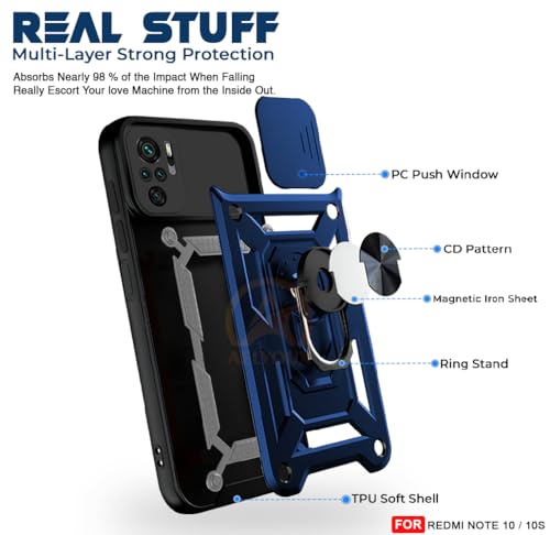 Image of Armor Bumper Back Cover Case for Redmi Note 10 / 10S Rotating Camera Cover, Ring Holder & Kickstand | Heavy Duty & 360 Degree Protection Redmi Note 10 / 10S Back Cover (Blue).