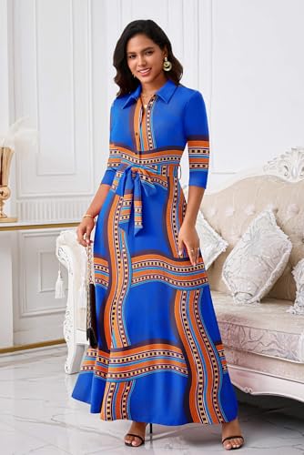 Image of Runwind Women Church Maxi Dresses 3 /4 Sleeve Button Down Print Casual Office Dress African