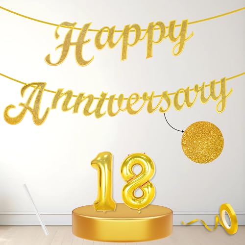 Image of Flyloons 18th Happy Anniversary Banner Gold Decorations Kit for Men Women Wedding Anniversary Banner Items without Balloons
