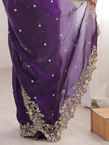 Image of AKHILAM Women's Shimmer Satin Sequence Embroidery Saree With Unstitched Blouse Piece(AARYAN21401 KR Parent)