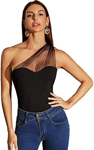 WDIRARA Women's Mesh Polka Dot One Shoulder Sleeveless Slim Fit Elegant Top Black M