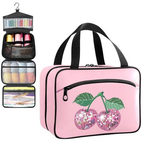 YNNALE Sewing Supply Organizer Bag, Retro Pink Disco Ball Cherry Green Leafs Portable Sewing Bags with Pockets&Hanger, Sewing Storage Box Case for Sew Supplies/Kit/Tools/Accessories (BAG ONLY)