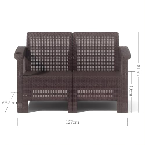 4-Seater Outdoor Sofa Set – Dark Brown Plastic Chairs with Beige Seat Cushions & Coffee Table, Weather-Resistant Patio & Garden Furniture with Built-In Cup Holders