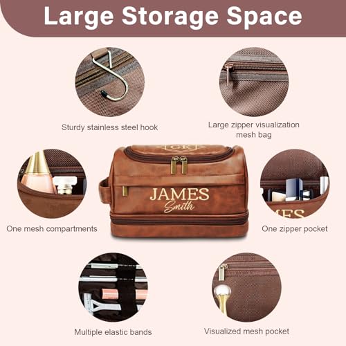 Personalized Toiletry Bag for Men, Custom Toiletries Bag Gifts for Men, Him, Birthday, Anniversary, Graduation, Groomsmen, Dad, Husband, Boyfriend, Leather Engraved Travel Cosmetic Shaving Hygiene Bag - Image 4