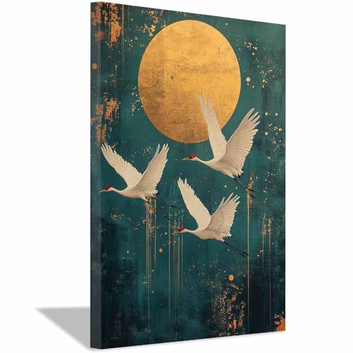 Trois grues vol lune dorée œuvre encadrée 30x45cm aux finitions artistiques premium