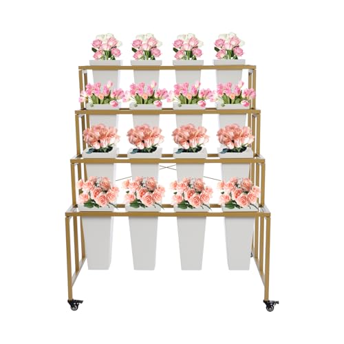 Chariot à fleurs sur roulettes doré avec 16 seaux amovibles pour fleuriste