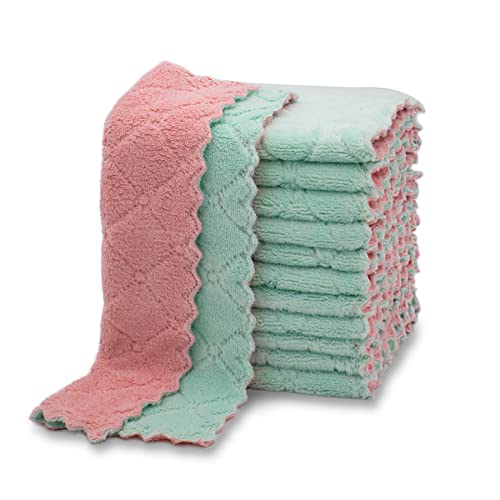 kimteny 12 Pack Kitchen Cloth Dish Towels, Premium Dishcloths, Super Absorbent Coral Velvet Dishtowels, Nonstick Oil Washable Fast Drying (Pink-Green)