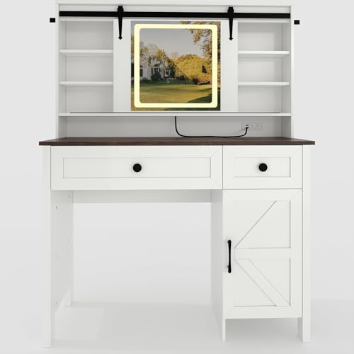 GAOMON Vanity Desk with LED Lighted Mirror, Makeup Table with Charging Station, Drawers & Storage Stool, Modern White Dressing Table for Bedroom