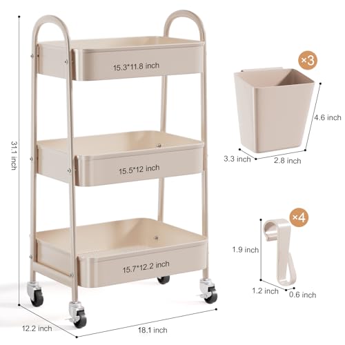 3 Tier Khaki Metal Utility Rolling Cart, Storage Cart with Handle and Lockable Wheels, Multifunctional Organizer Trolley with Mesh Storage Baskets for Kitchen, Office, Living Room, Laundry, Garage by Recximi - Used condition - Image 9