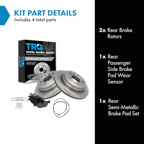 Image of TRQ Rear Brake Pad and Rotor Set Semi Metallic Vented Rotors Wear Sensor | For 2007-2013 BMW 328i 2009-2013 328i xDrive 2007-2008 328xi