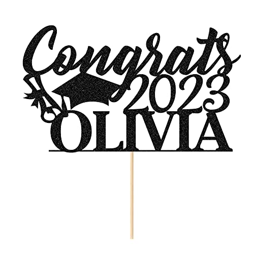 Personalized Cake Topper Custom Congrats Graduation Hat Student Class Of 2023 Double Sided Glitter Card With Any Name (Black) #TOP12
