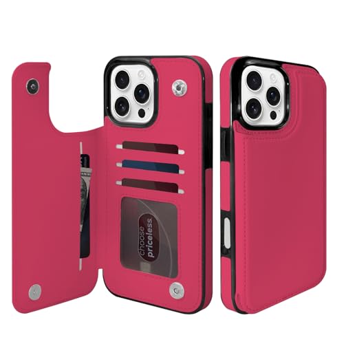 Étui portefeuille iPhone 16 Pro Max rose anti-choc avec porte-cartes et support
