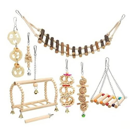 Parrot Toys, 8PCS/Set Wooden Parakeet Toys, Swing/Chewing/Standing Perch Hammock/Climbing Ladder Cockatiel Toy, Hanging Bird Cage Accessories Bird for Parakeets Cage Accessories