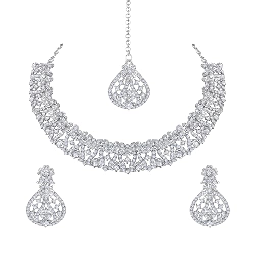 Image of Atasi International Silver Plated White Crystals American Diamonds Stylish Necklace Set with Earrings and Maang Tikka for Women and Girls | Stylish Jewellery for Party, Wedding and Festive Occasions (R6153)