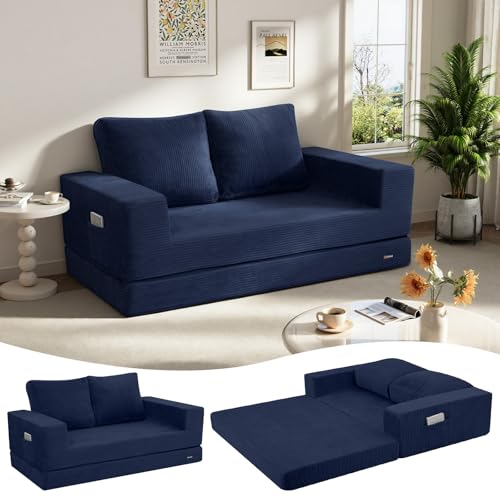 Catálogo de Sofa Cama Azul los más solicitados. 43 COMAX - Sofá cama convertible tamaño Queen, plegable plegable, futón de piso, pana con almohadas traseras, sofá sin huesos, cómodo sofá para sala de estar, dormitorio, azul...